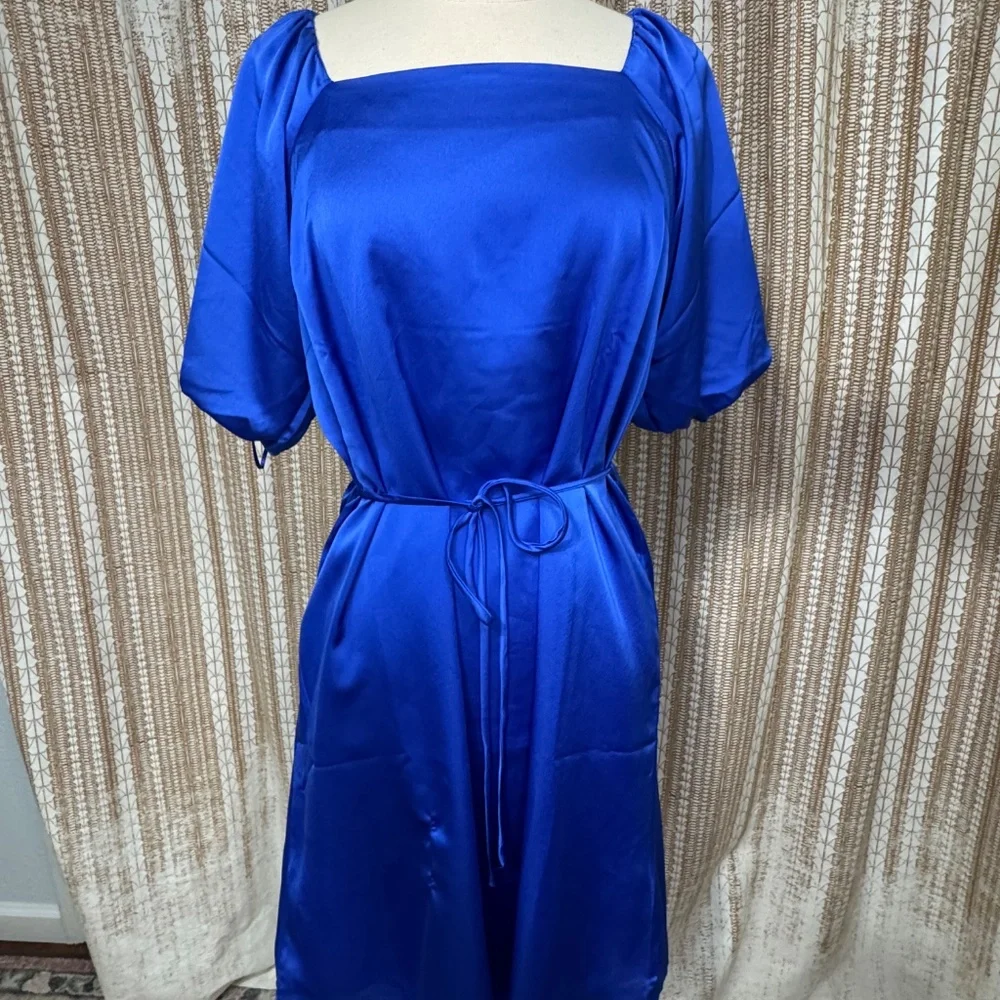 Ann Taylor Royal Blue Satin Dress | Size 6 | Puff Sleeve Tie Waist Midi Dress - Picture 8 of 10